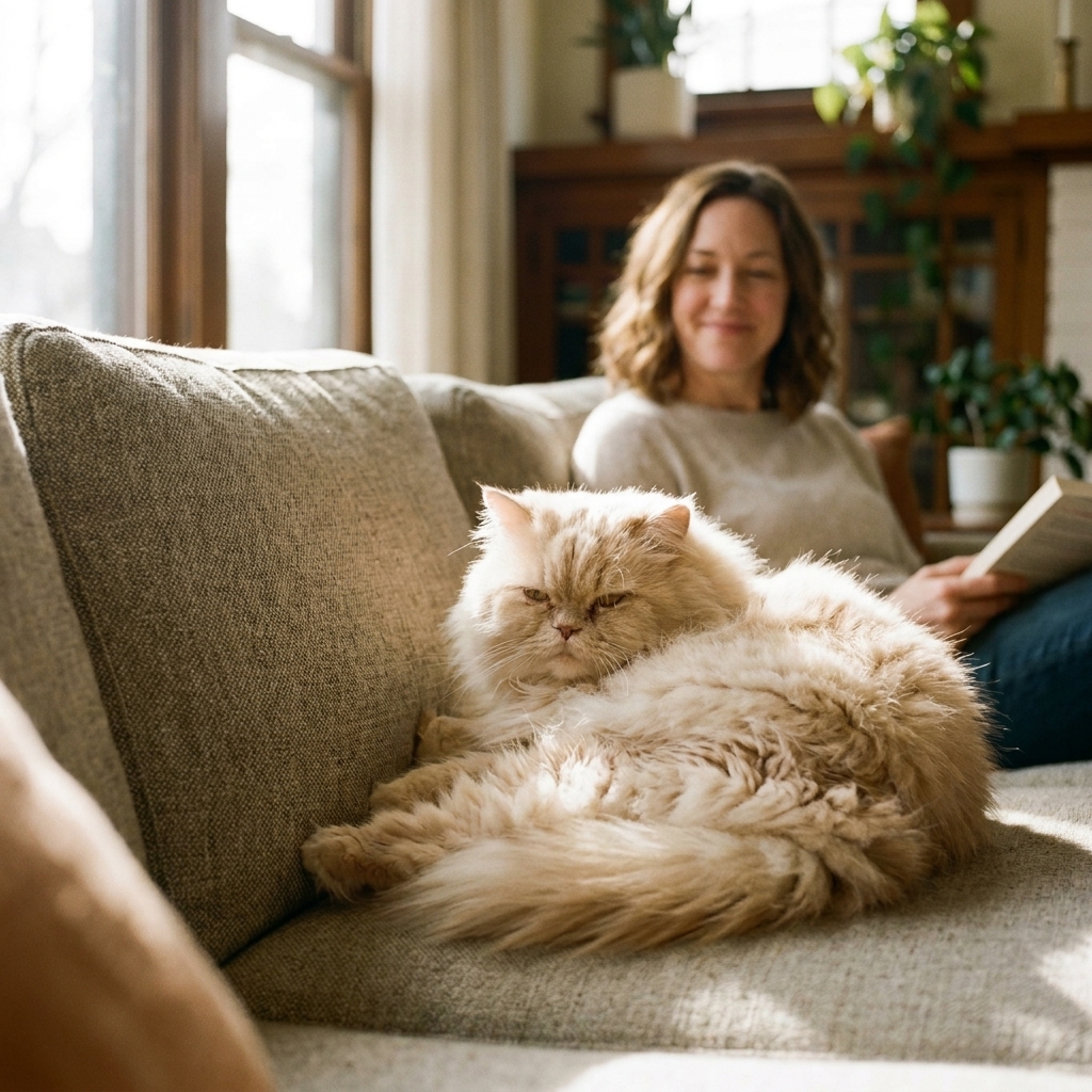 A fluffy Persian cat lounging on a living room couch with relaxed posture and soft natural light coming through a nearby window