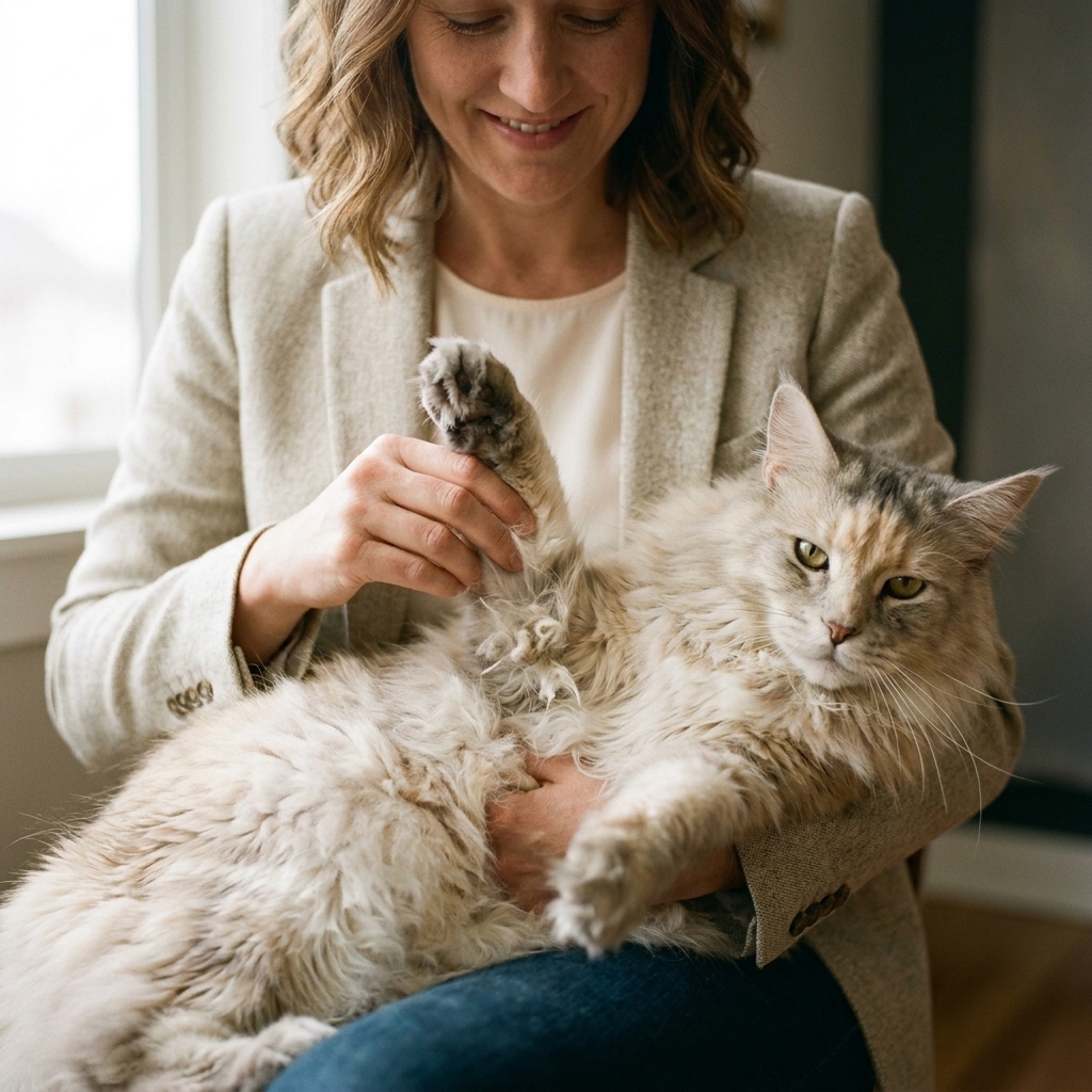 A fluffy longhaired cat with a small mat forming behind the front leg in the armpit area