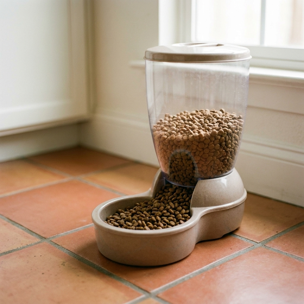 A gravity-style pet food dispenser with a clear hopper partially filled with kibble feeding into a bowl on a tiled kitchen floor