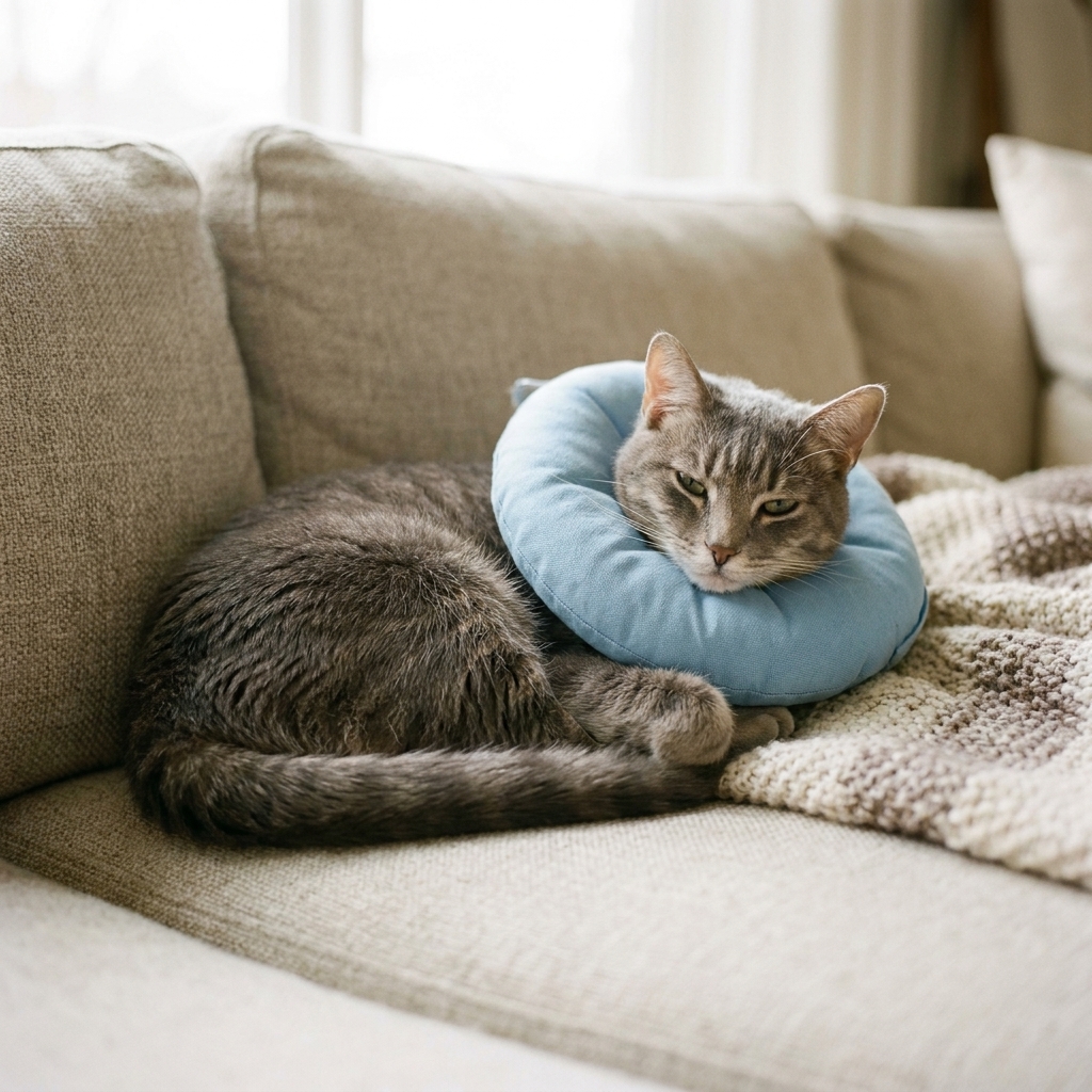 A gray cat resting on a couch while wearing a soft fabric recovery collar, looking relaxed