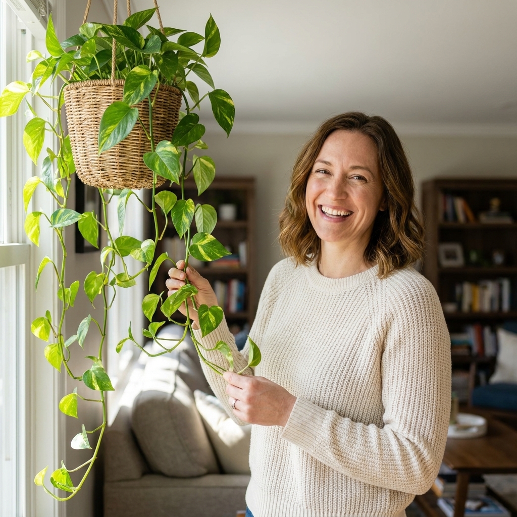 A green pothos plant trailing from a hanging basket in a bright living room, with heart-shaped variegated leaves cascading downward