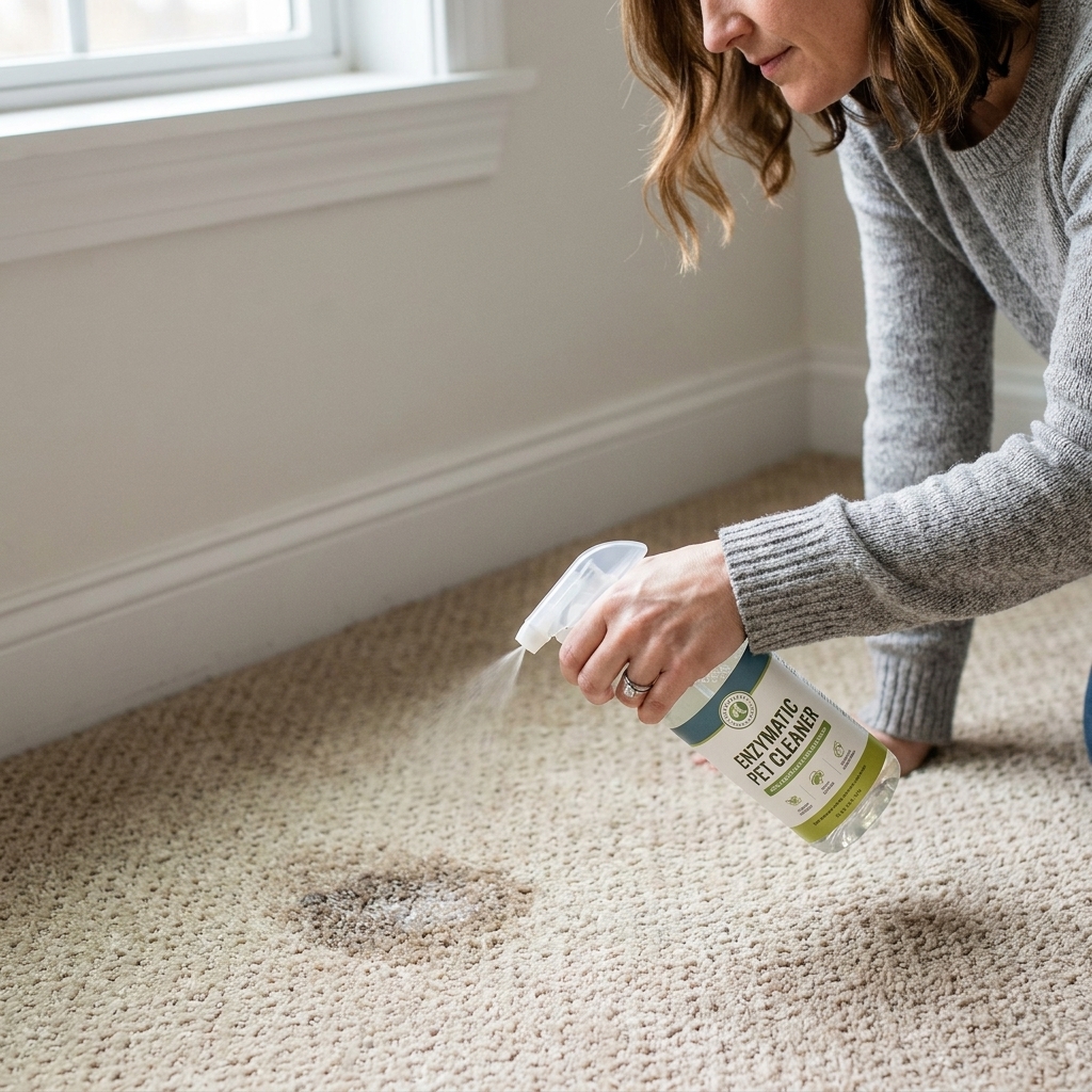 A hand spraying enzymatic pet cleaner onto a small damp spot on beige carpet near a baseboard