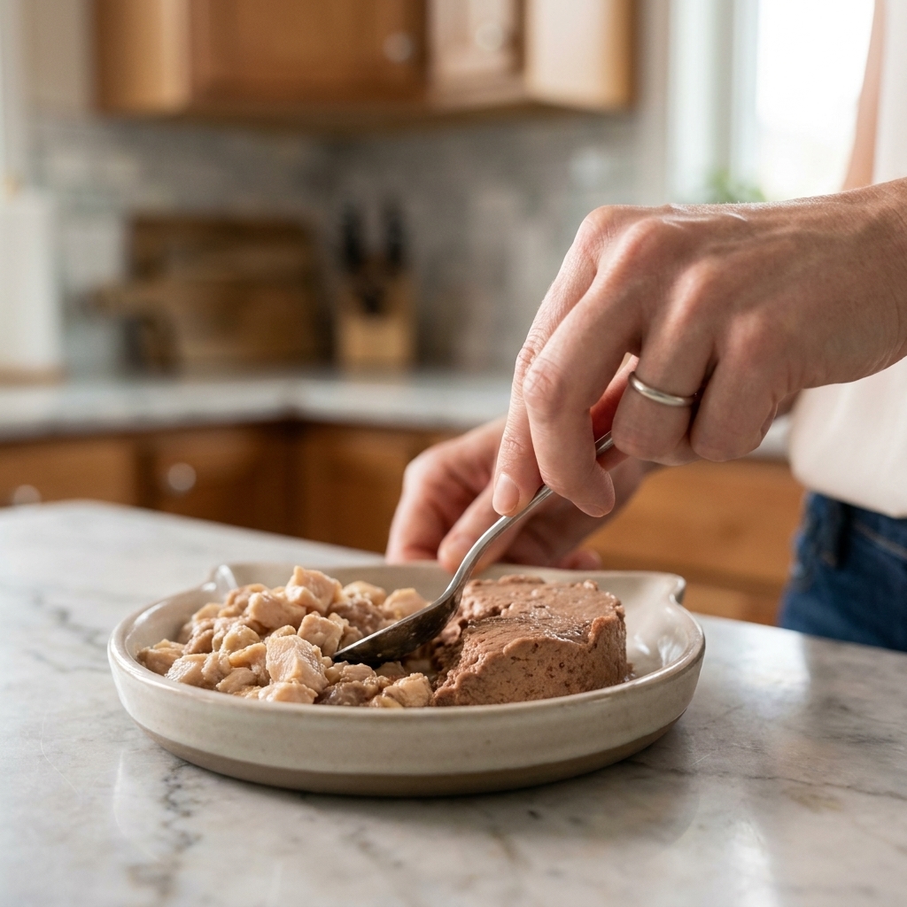 A hand using a spoon to mix two different wet cat foods together in a shallow cat bowl