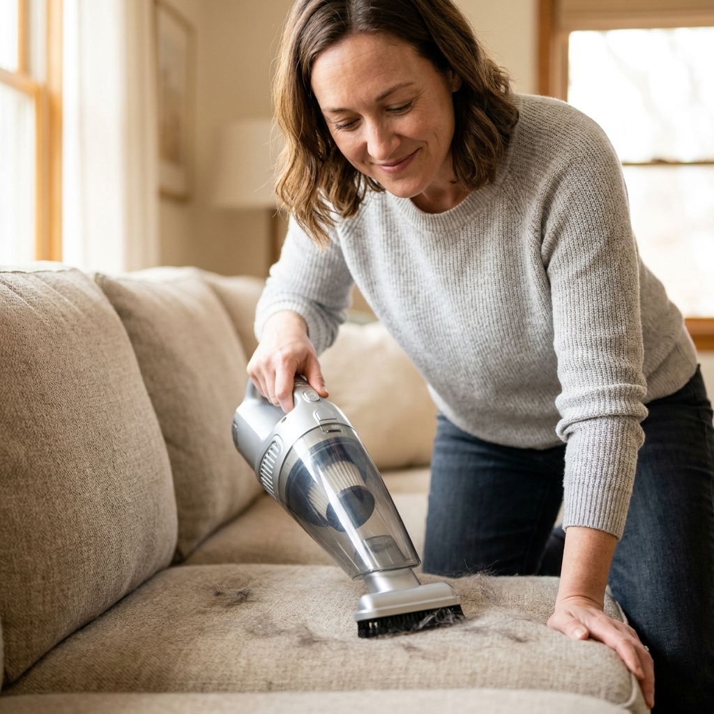A handheld vacuum with an upholstery attachment being used on a fabric sofa where cat hair is visible