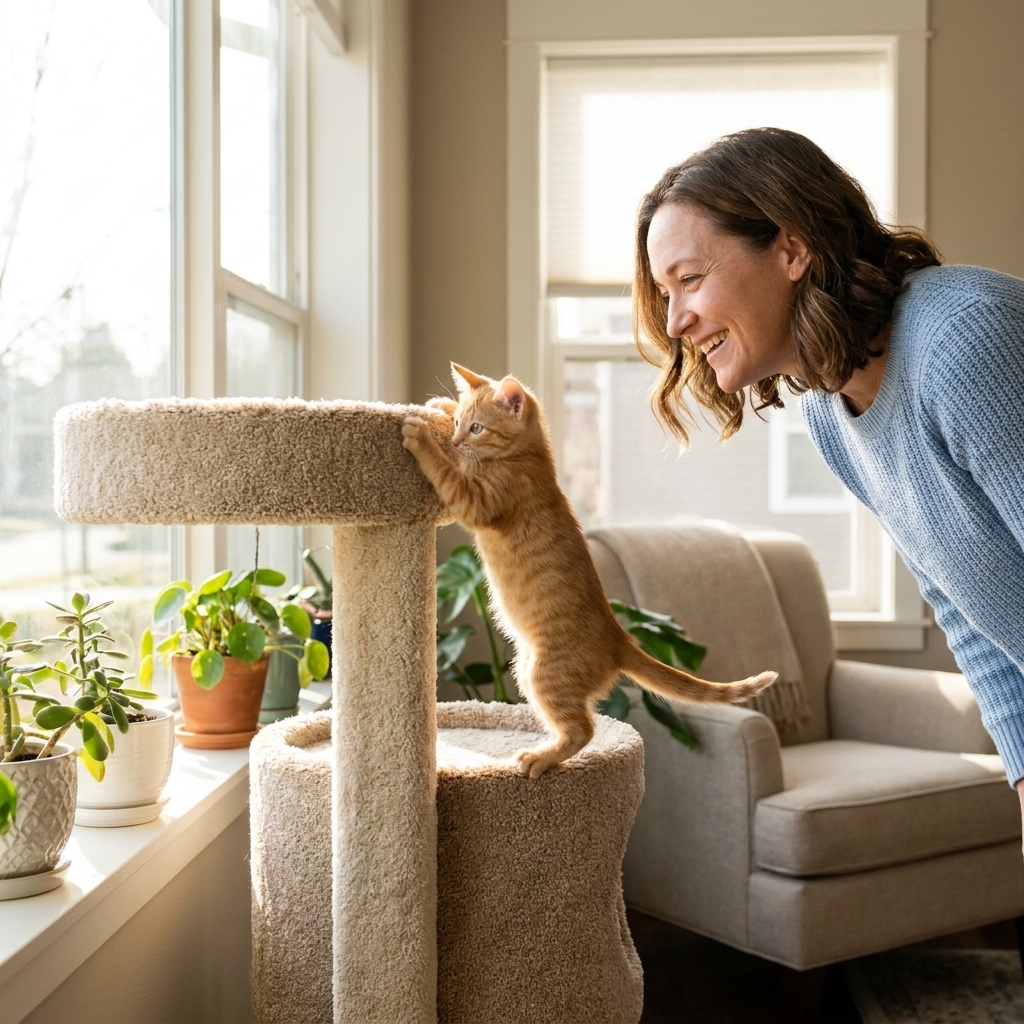 A kitten climbing on a small cat tree positioned next to a sunny window in a living room