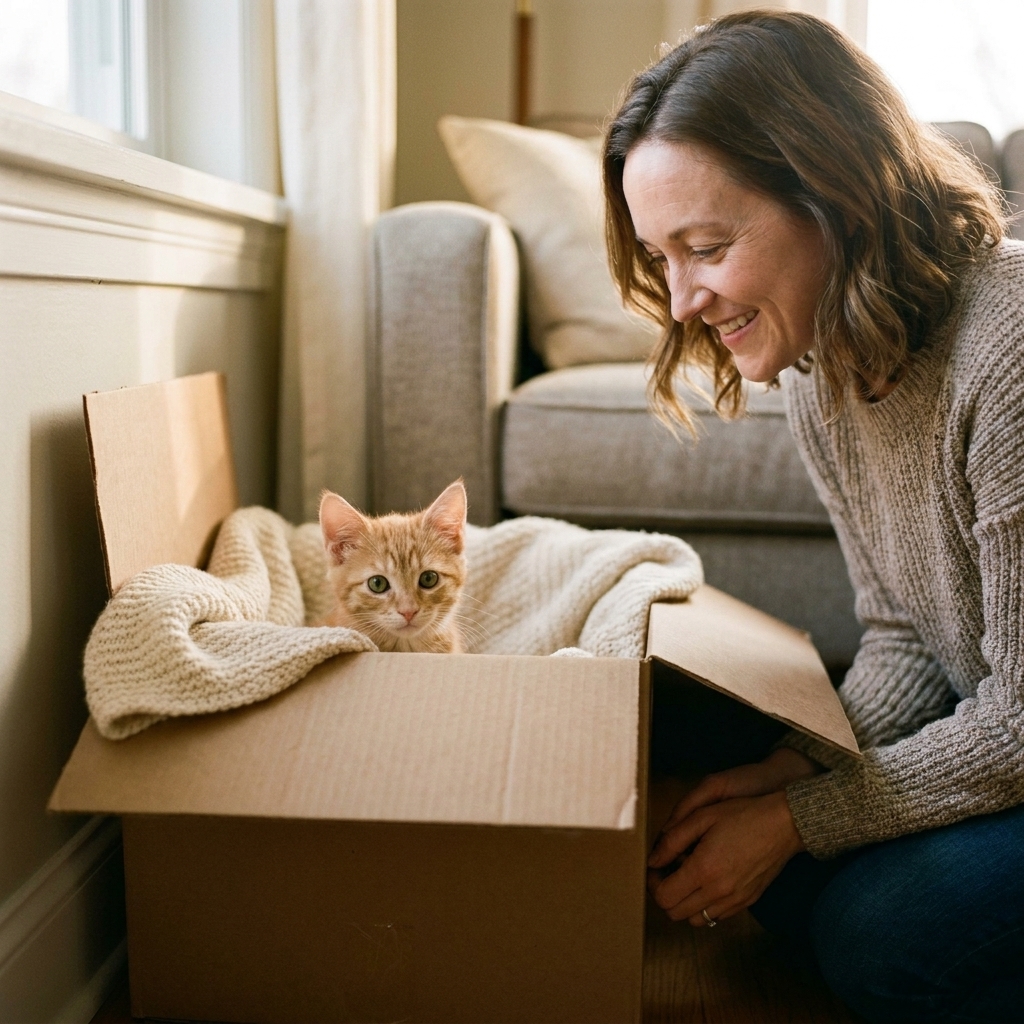 A kitten peeking out from a cardboard box hideaway lined with a soft blanket in a quiet corner of a room