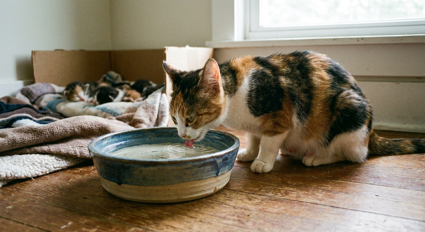 A lactating mother cat drinking from a wide ceramic water bowl placed near a quiet nesting corner