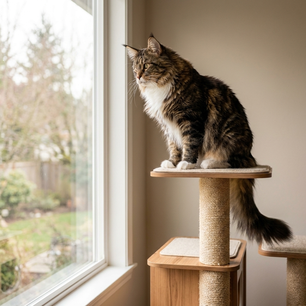 A large Maine Coon cat perched on a sturdy tall cat tree near a window, looking outside