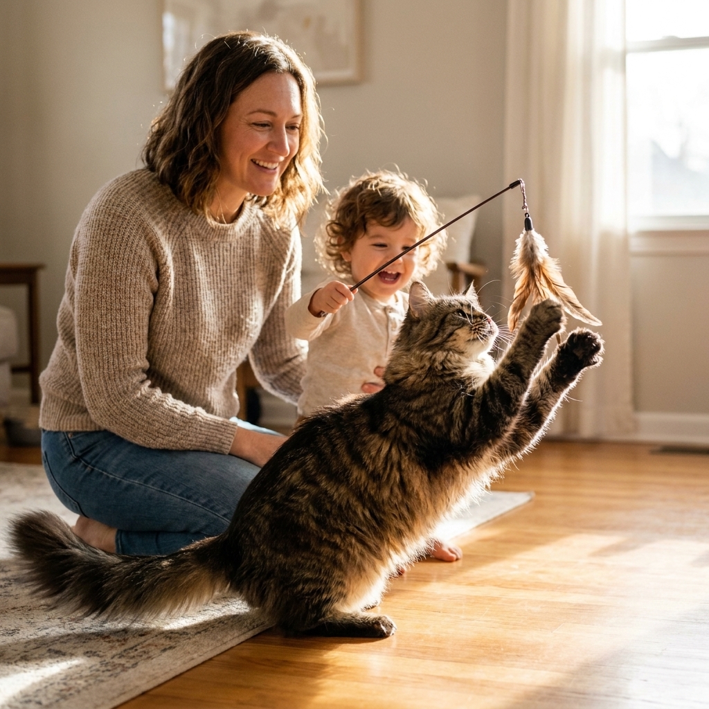 A large Maine Coon cat reaching for a feather wand toy held by a child, with the cat's tail relaxed and an adult supervising