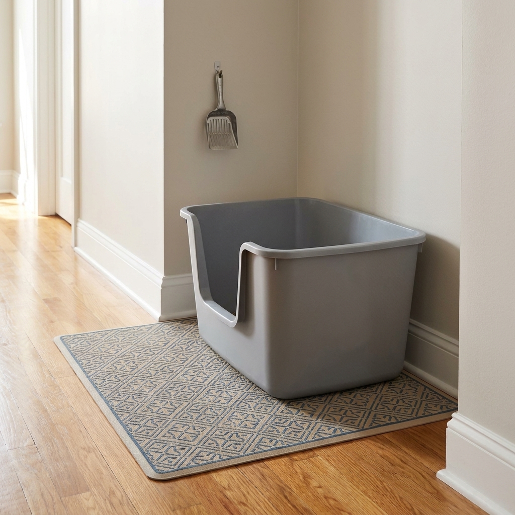 A large open plastic litter box with high sides set up on a washable mat in a clean hallway