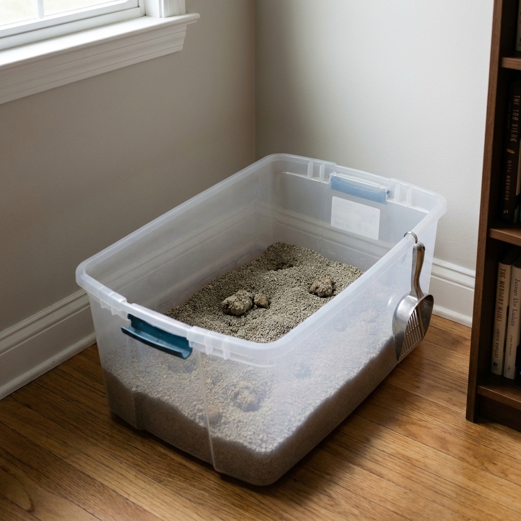 A large open plastic storage bin used as a litter box in a quiet corner of a home, filled with unscented clumping litter