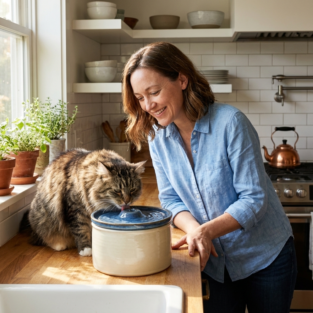 A long-haired Norwegian Forest cat drinking water from a ceramic pet fountain in a bright kitchen