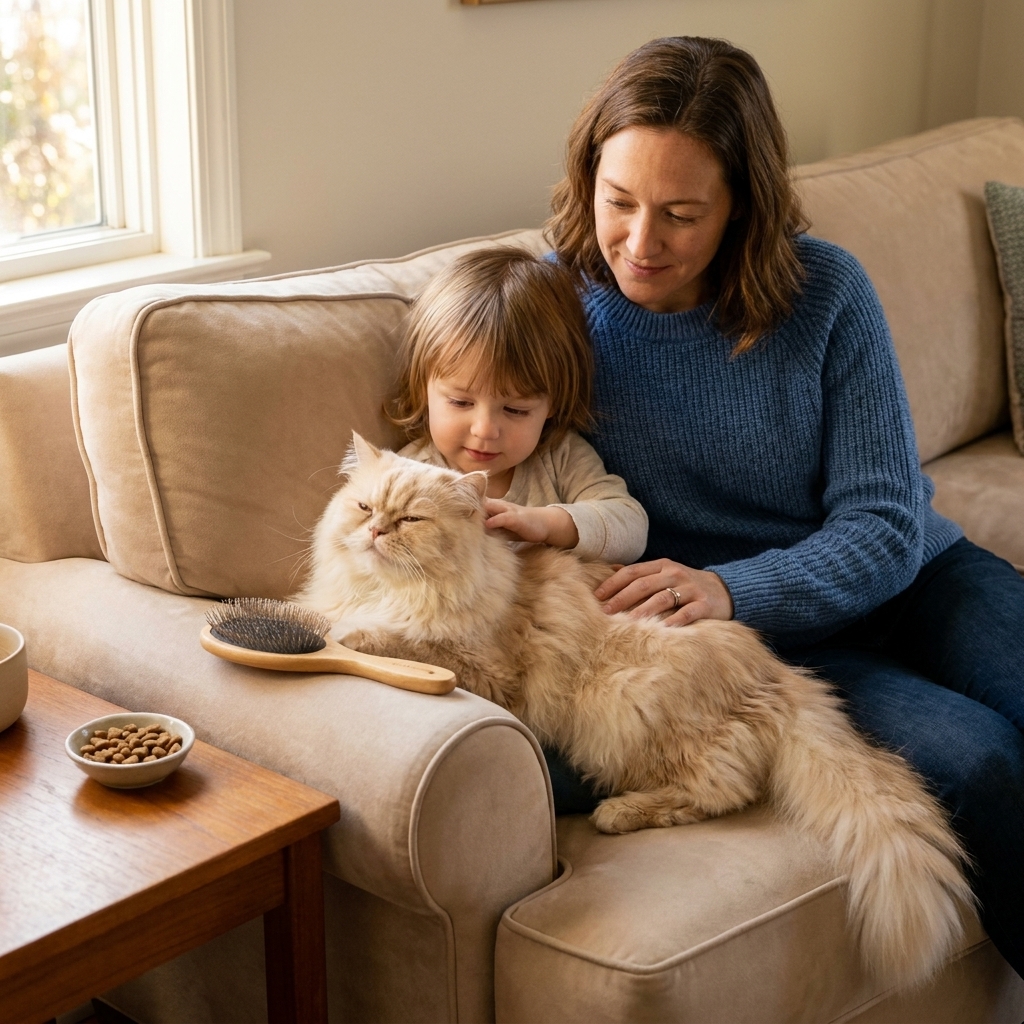 A long-haired Persian cat lounging on a sofa while a child gently pets its shoulder, with a soft brush and treats on a nearby table