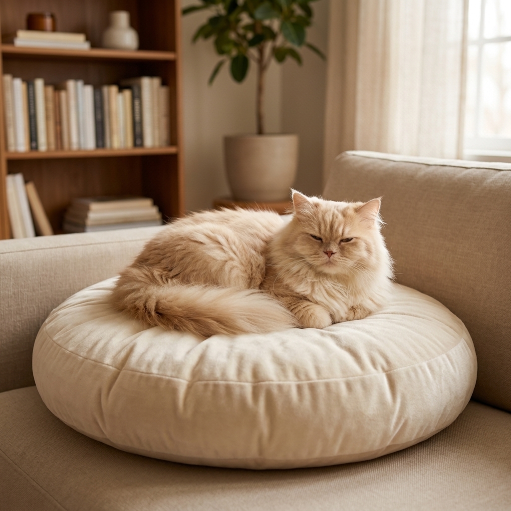 A-long-haired Persian cat relaxing on a plush cushion in a tidy apartment living room