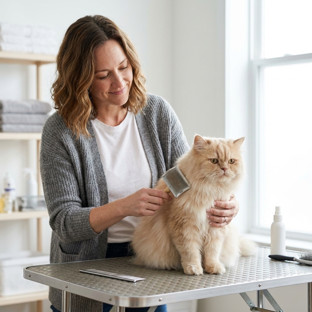 A long-haired Persian cat sitting calmly while a person gently brushes its coat on a grooming table in a bright room