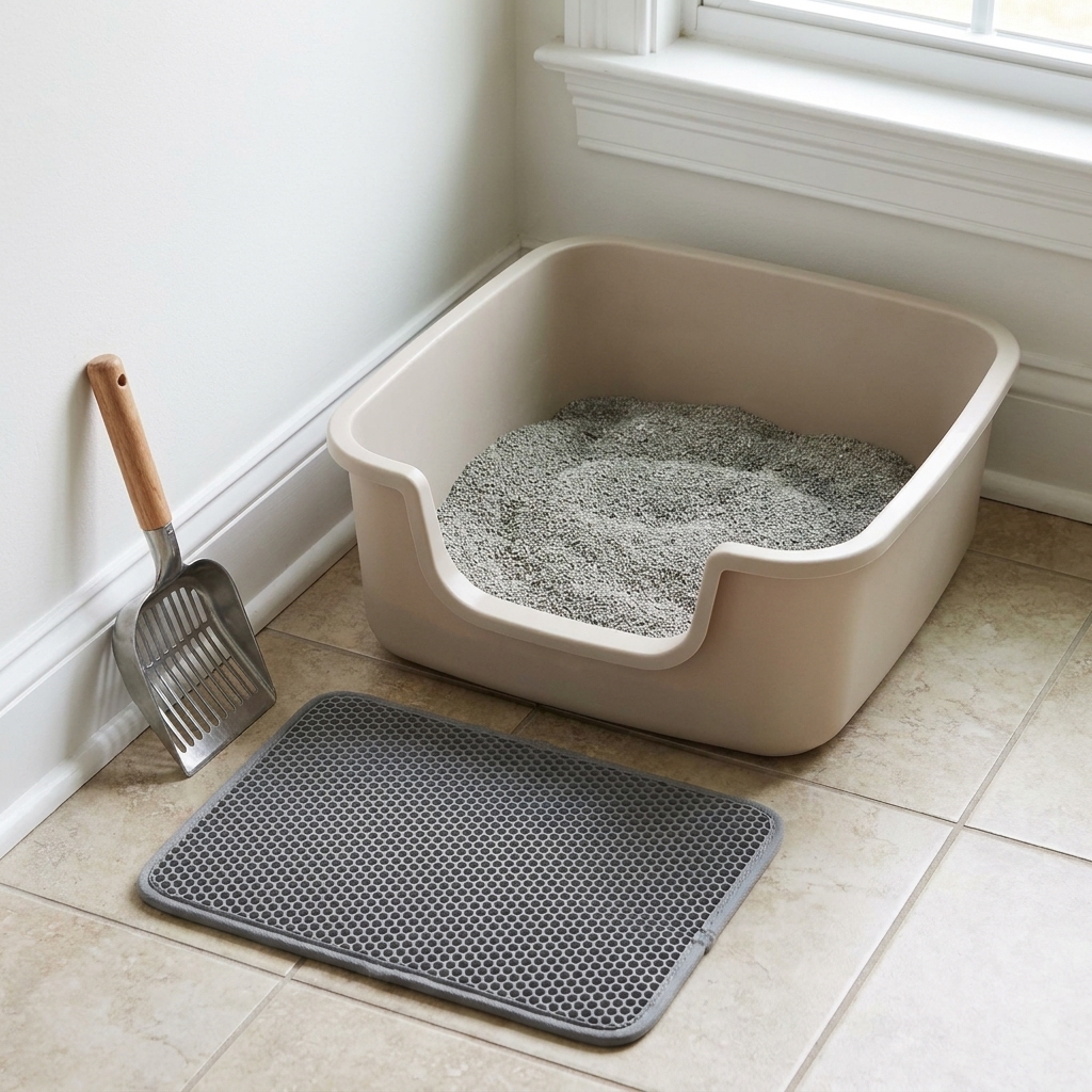 A low-sided litter box on a bathroom floor with a litter scoop resting nearby and a small litter mat placed in front
