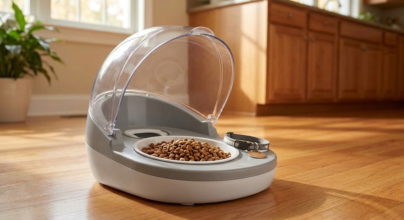 A microchip-activated pet feeder with a curved plastic lid open over a bowl of dry food on a hardwood floor in a home setting