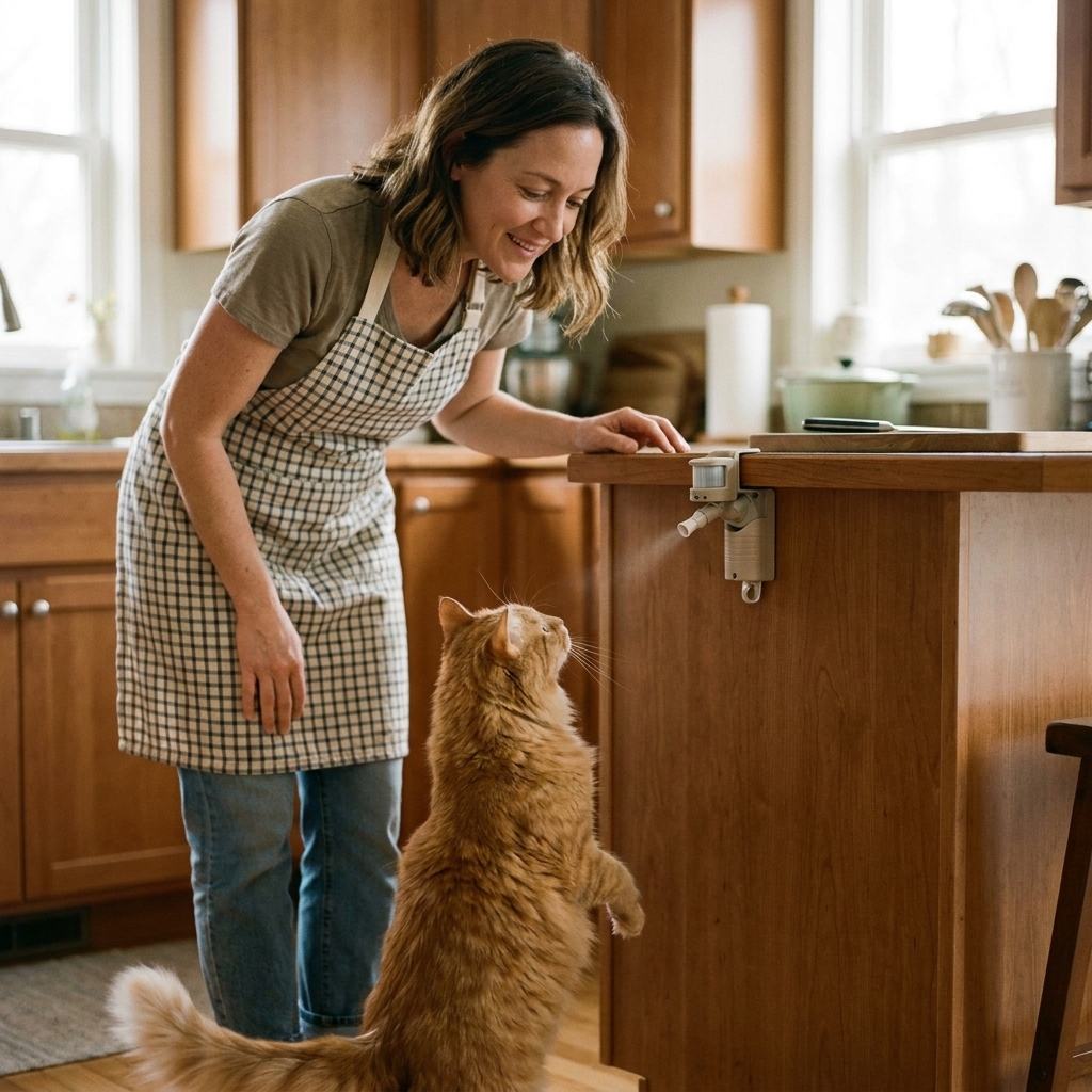 A motion-activated air puff device positioned at the edge of a kitchen counter while a cat stands on the floor looking up in a home kitchen