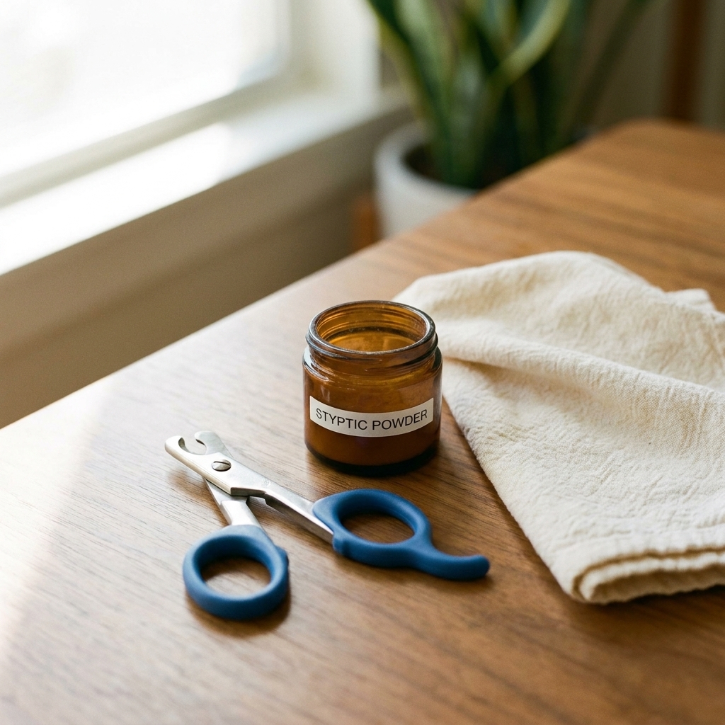 A pair of scissor-style cat nail clippers placed on a tabletop next to a small container of styptic powder and a soft towel, bright natural light