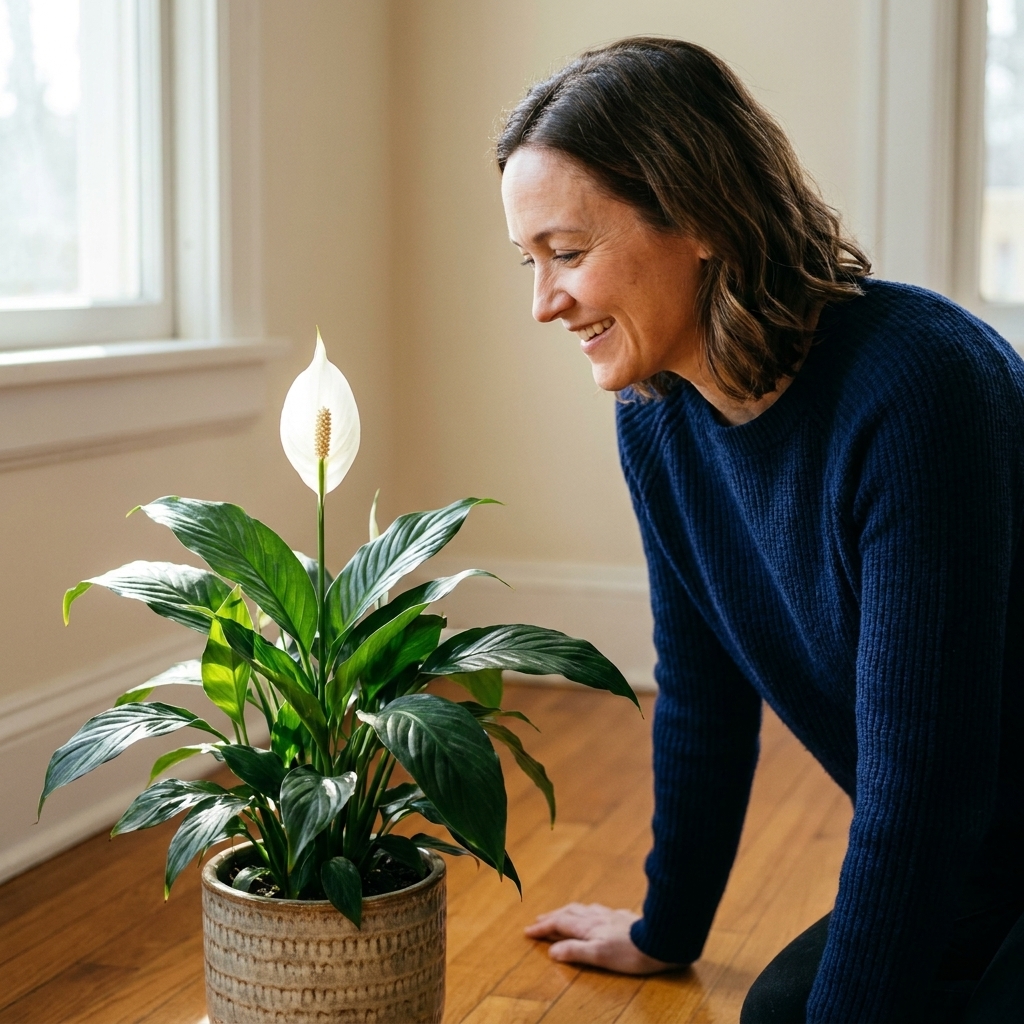 A peace lily in a ceramic pot on a hardwood floor, showing glossy green leaves and a white spathe bloom in natural window light