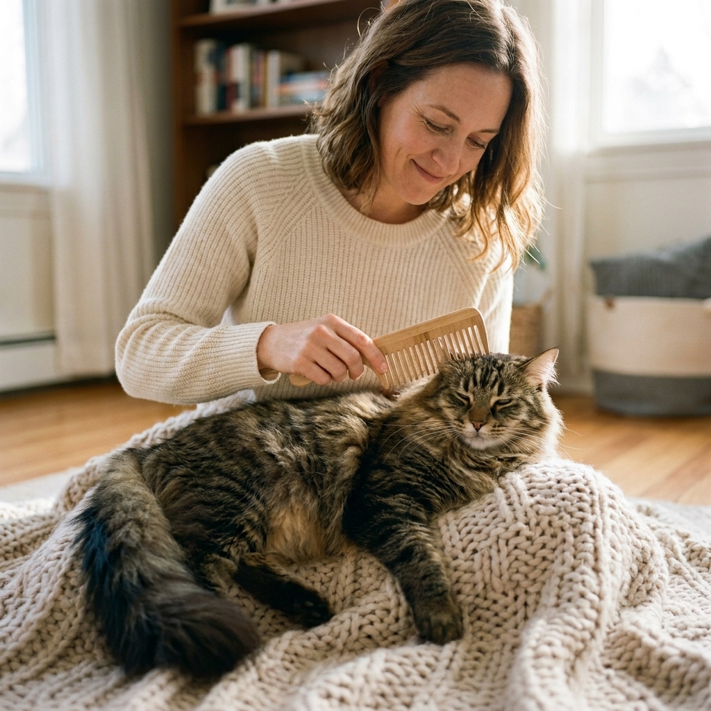 A person gently brushing a Maine Coon cat with a wide-tooth comb while the cat relaxes on a blanket