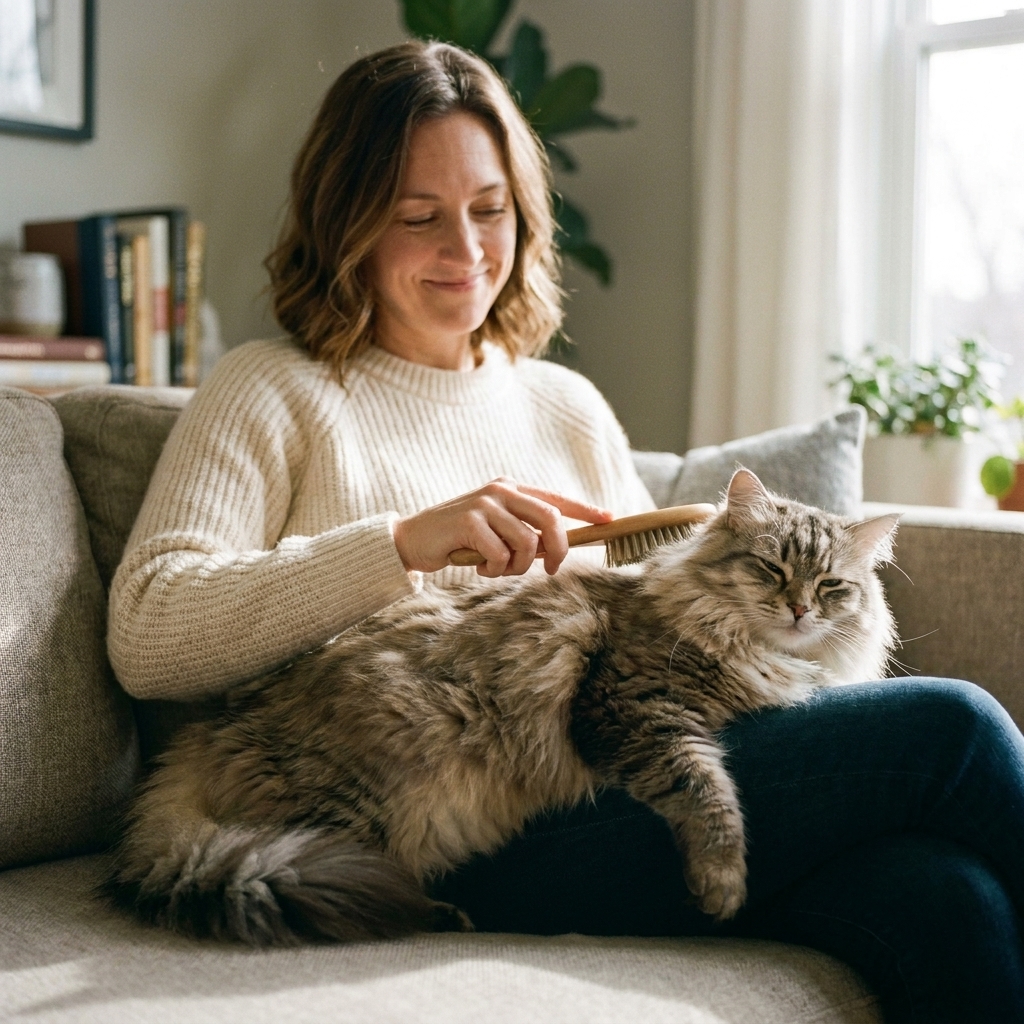 A person gently brushing a Siberian cat on a couch while the cat relaxes and looks content