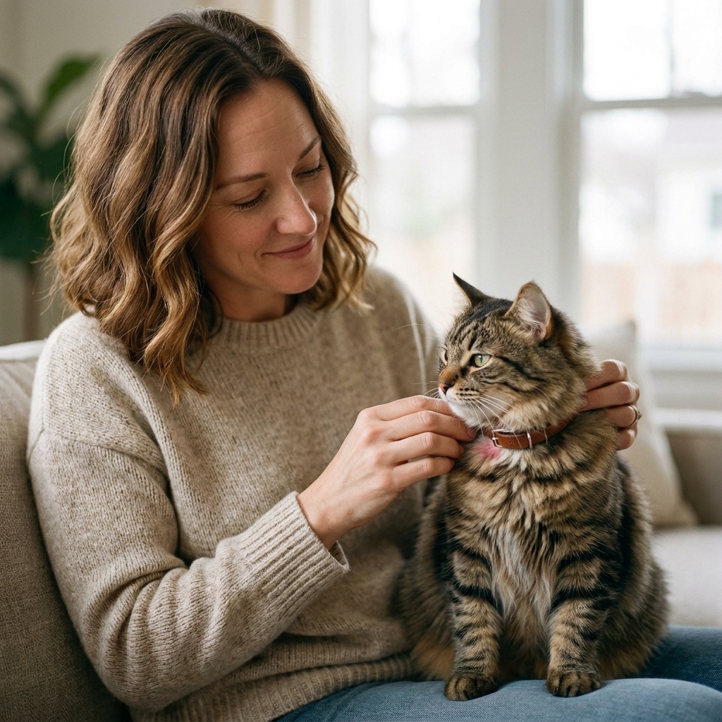 A person gently checking the fur and skin around a cat’s collar area for redness or irritation