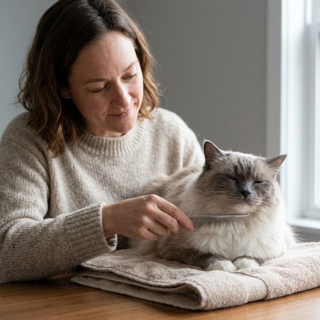 A person gently combing through the chest fur of a relaxed Ragdoll cat while the cat sits on a towel