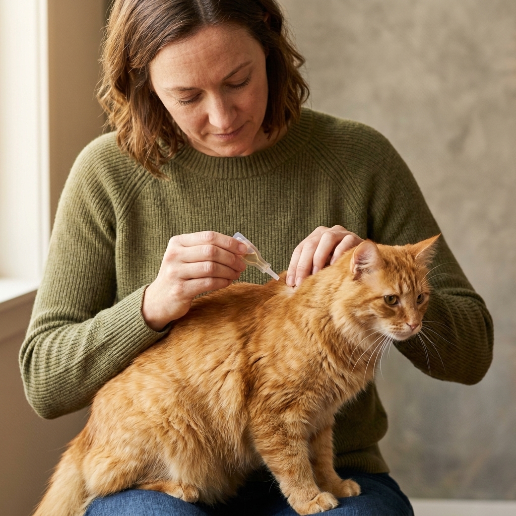A person gently holding a cat still while applying a spot-on flea medication directly onto the skin between the shoulder blades