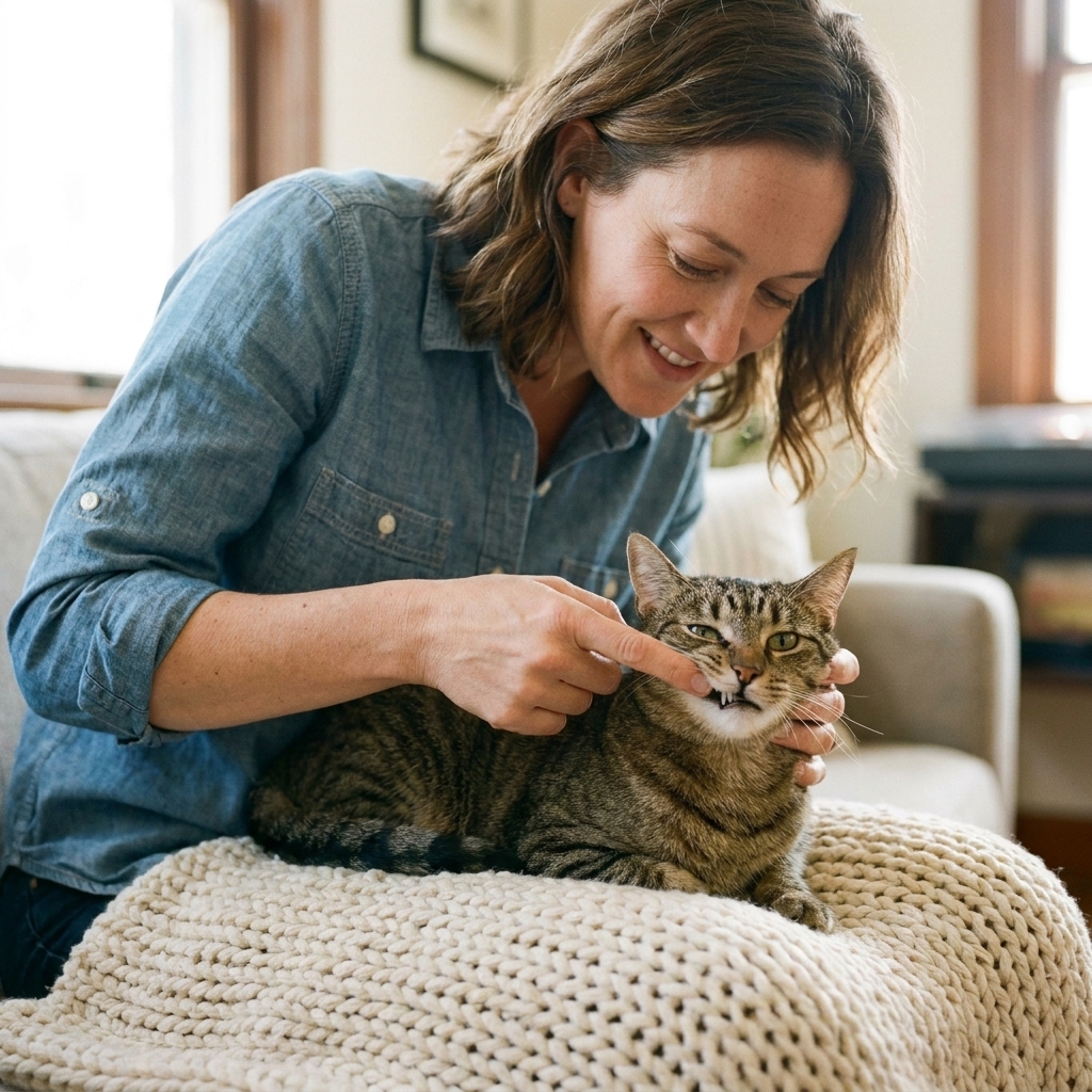 A person gently lifting a cat’s lip to expose the outer teeth while the cat sits calmly on a soft blanket