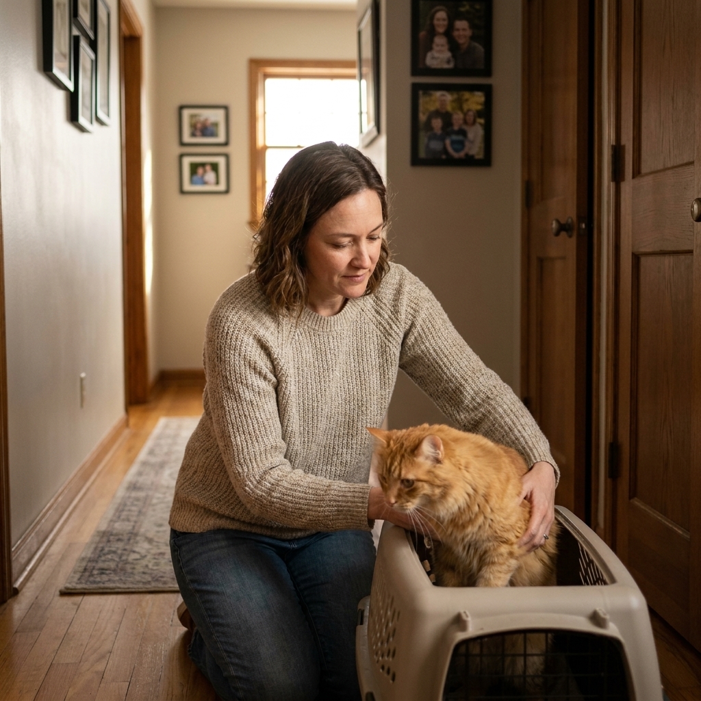 A person gently lowering a cat into a top-loading hard plastic carrier in a quiet home hallway