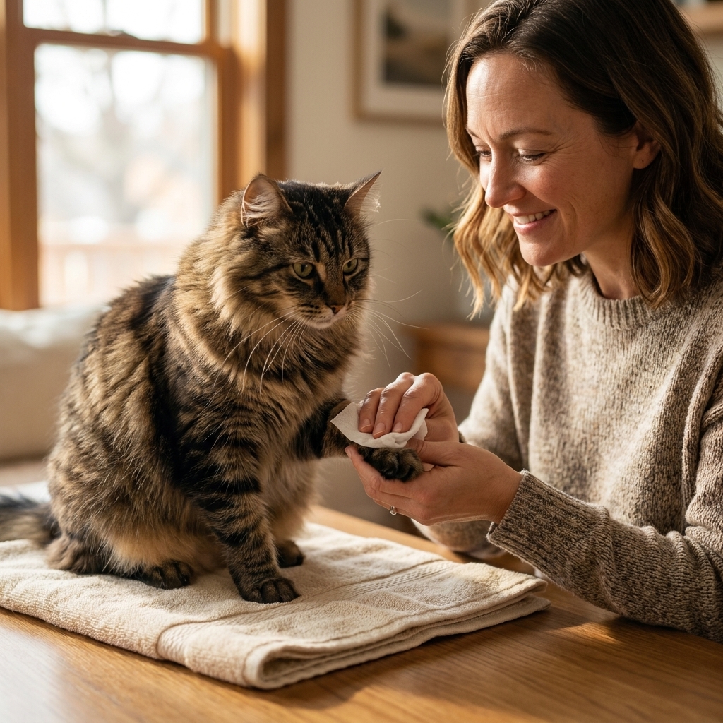 A person gently wiping a long-haired cat’s paw with a fragrance-free grooming wipe while the cat sits on a towel