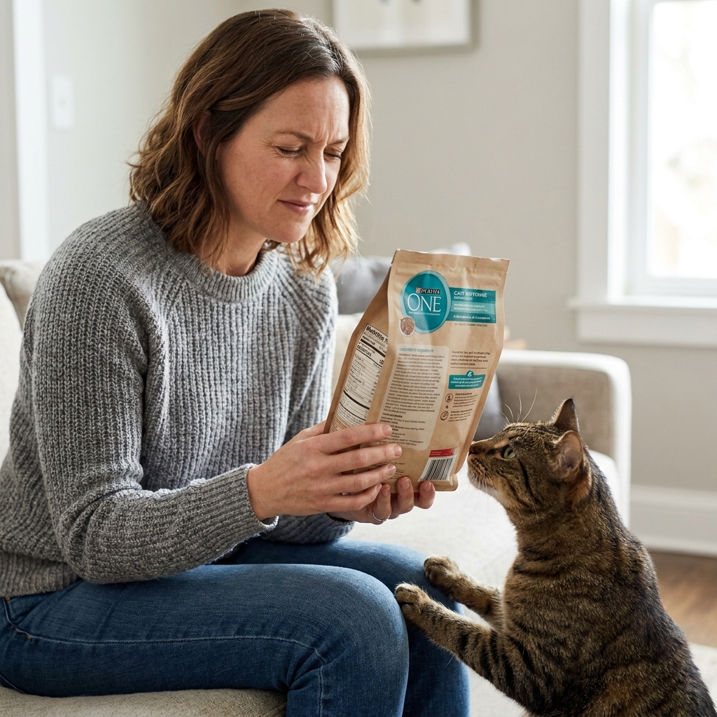 A person holding a bag of cat food and reading the ingredient label while a curious tabby cat sniffs the bottom edge of the bag