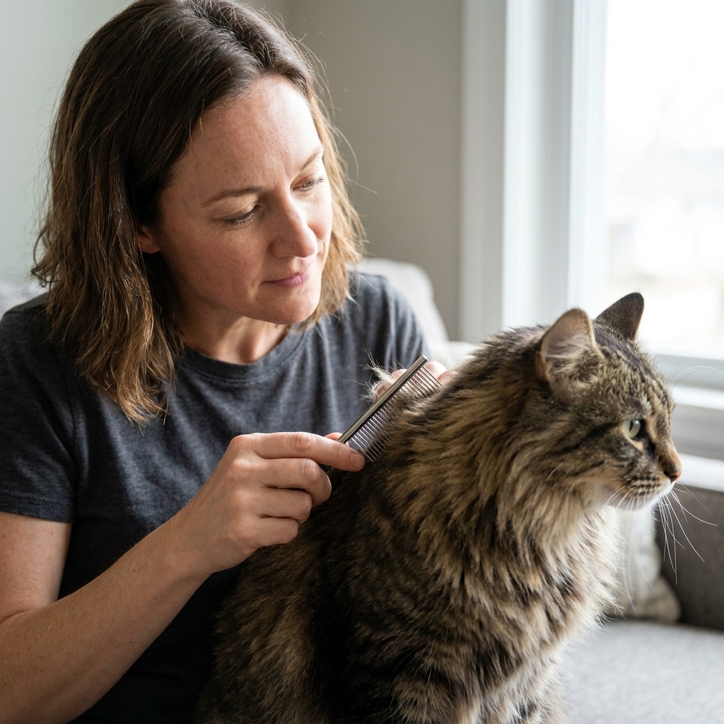 A person holding a dematting comb near a long-haired cat’s shoulder area, preparing to work on a small tangle