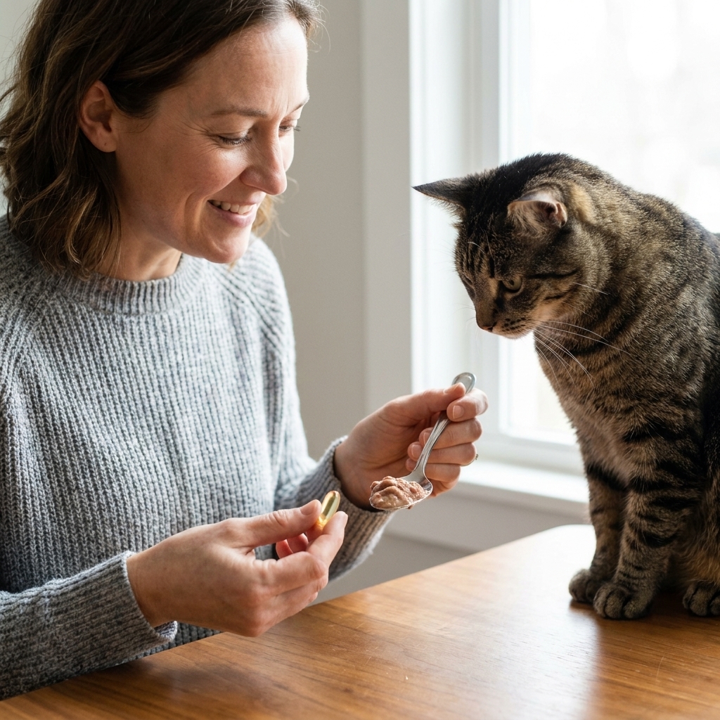 A person holding a small fish oil capsule next to a spoon of wet cat food while a cat watches attentively from the table