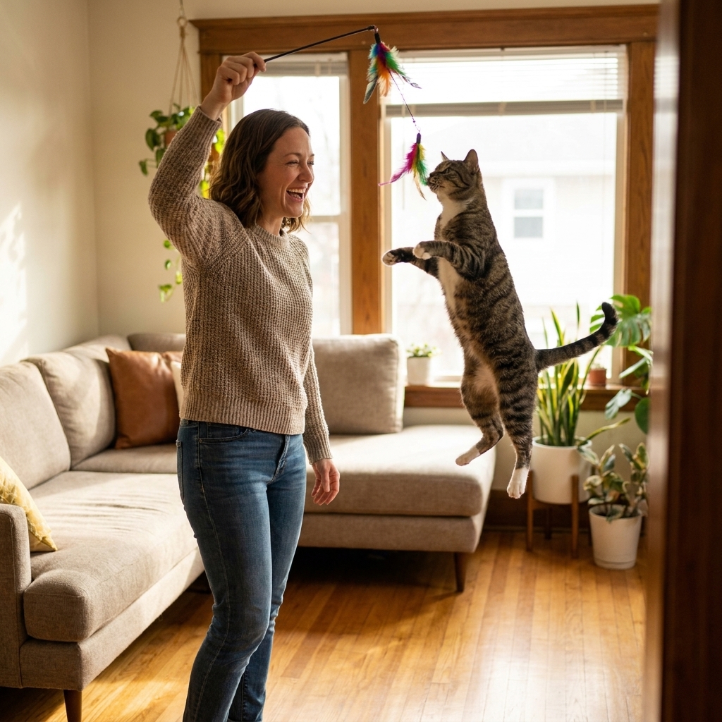 A person holding a wand toy while a cat jumps up to catch the feather attachment in a bright living room