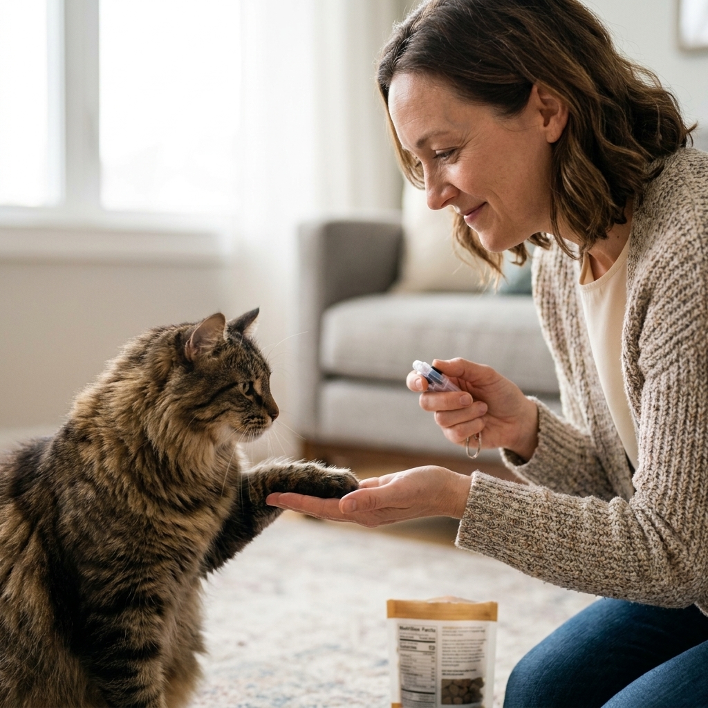 A person holding up an open palm while a cat lifts a paw to touch it during a calm clicker training session