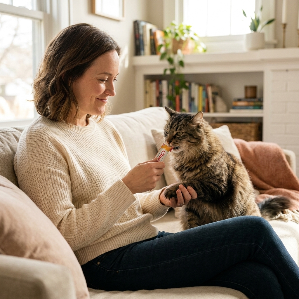 A person offering a lickable cat treat from a tube while gently holding the cat’s paw, the cat focused on the treat in a cozy living room