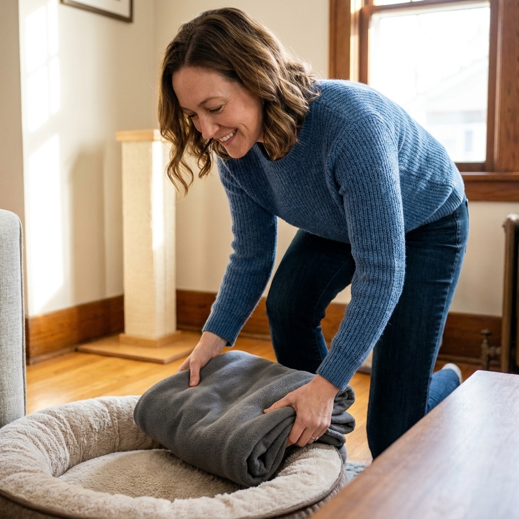 A person placing a folded blanket from one cat into another cat's room near a cat bed, indoor home setting