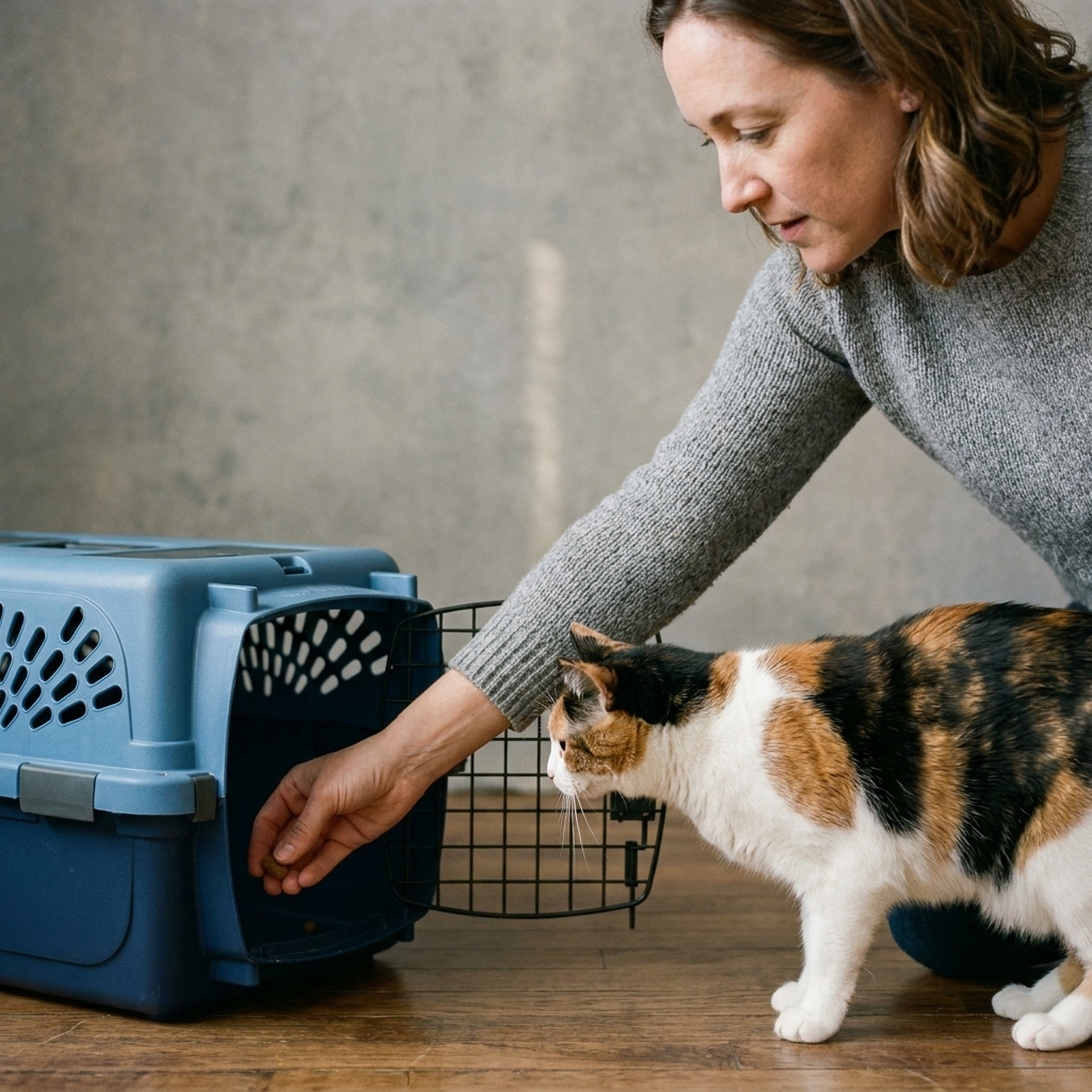 A person placing a small treat inside an open cat carrier while a curious cat sniffs the doorway