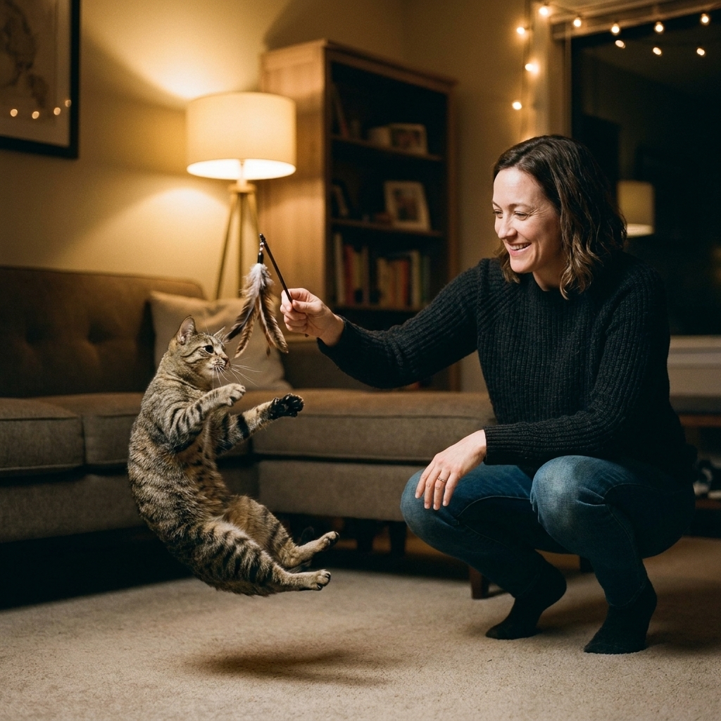 A person playing with a cat using a wand toy in a living room at night, the cat mid-pounce with focused body language