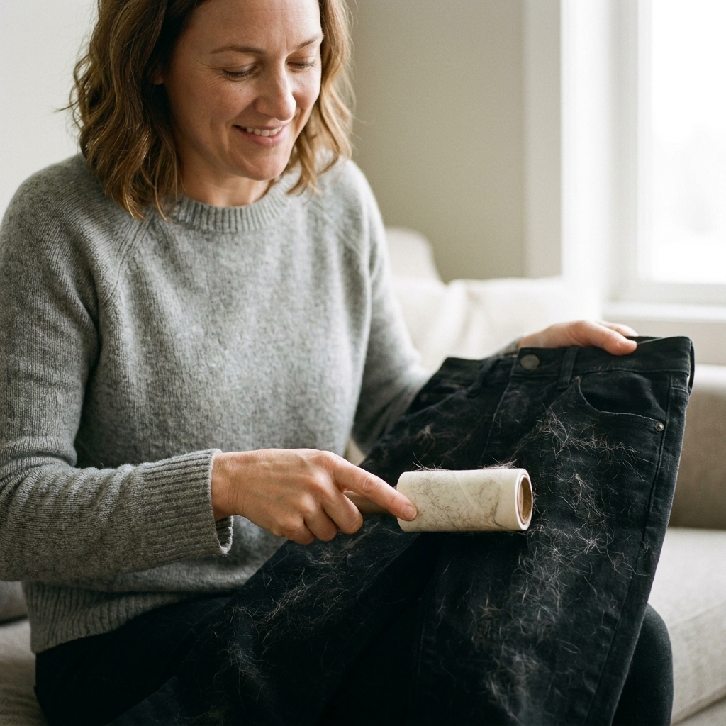 A person rolling a lint roller over black pants covered in light-colored cat hair