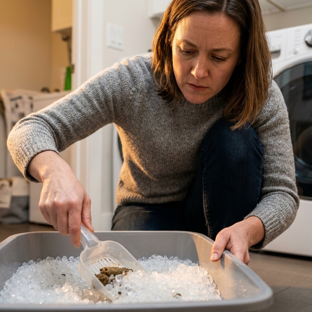 A person scooping solid waste from a litter box filled with clear silica crystals