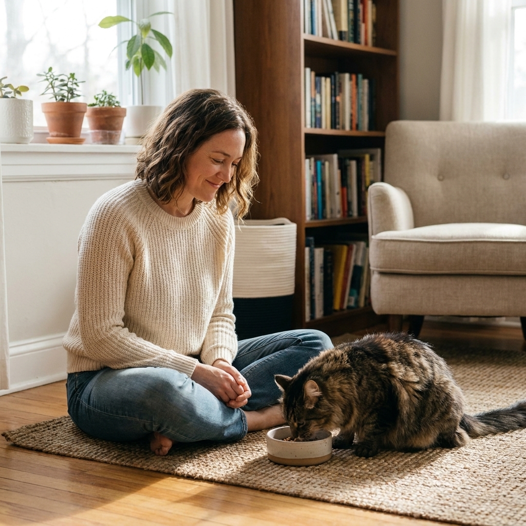 A person sitting quietly on the floor near a cat that is eating from a bowl in a calm living room.