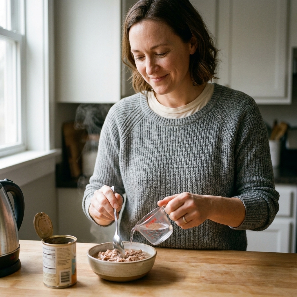 A person stirring warm water into canned cat food in a ceramic bowl on a countertop.