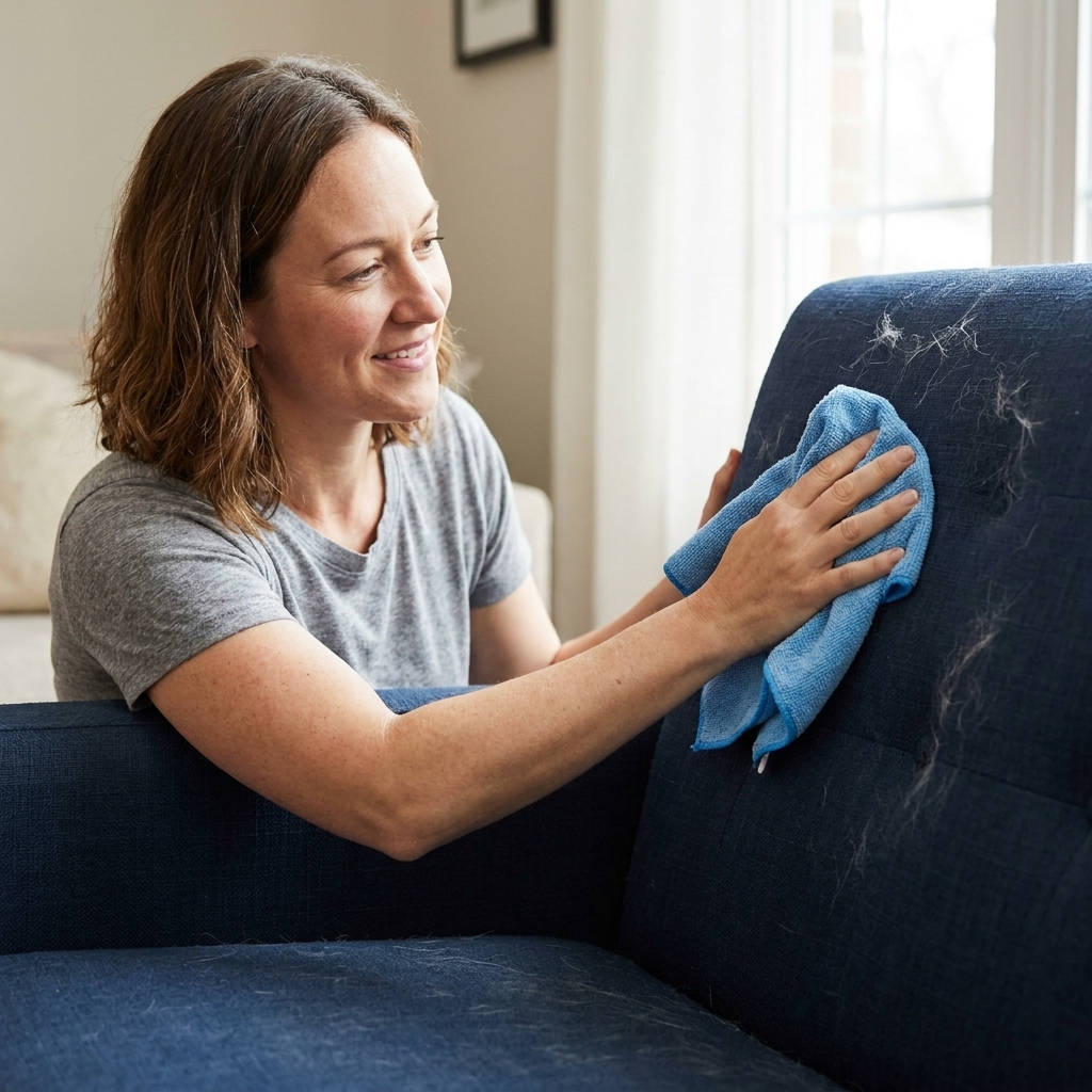 A person wiping cat hair off a navy upholstered chair using a slightly damp microfiber cloth