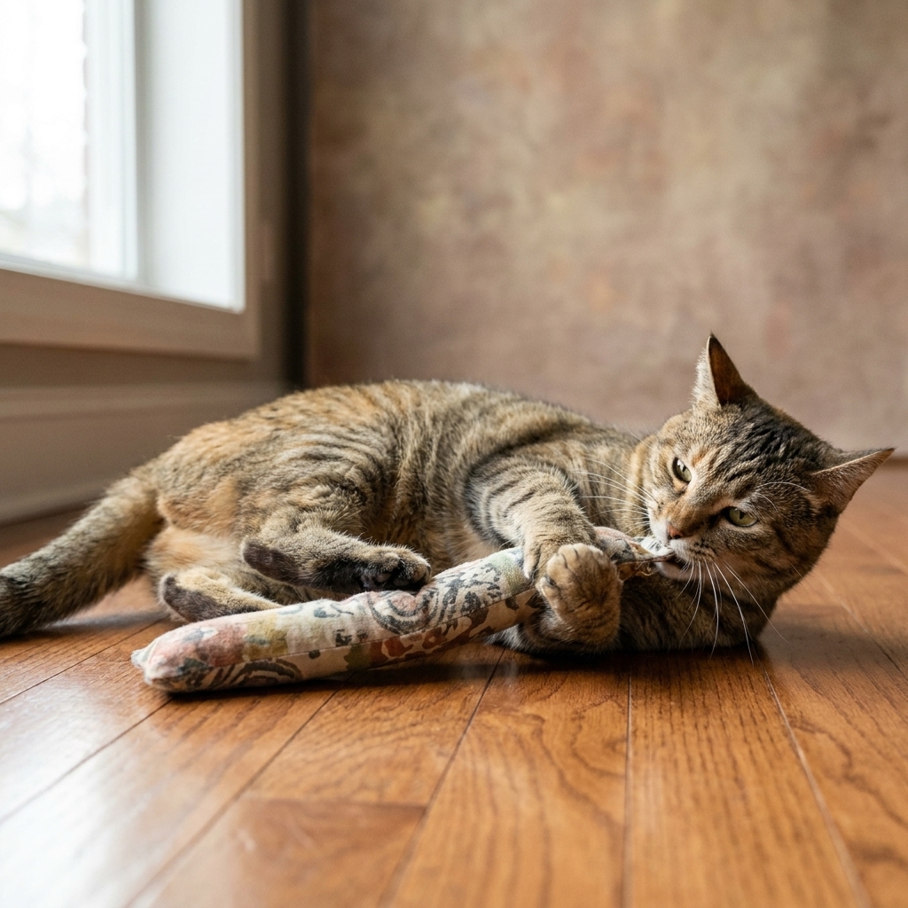 A playful cat hugging and bunny-kicking a long fabric kicker toy on a hardwood floor