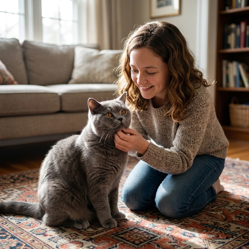 A plush gray British Shorthair sitting calmly on a living room floor while a child offers gentle chin scratches