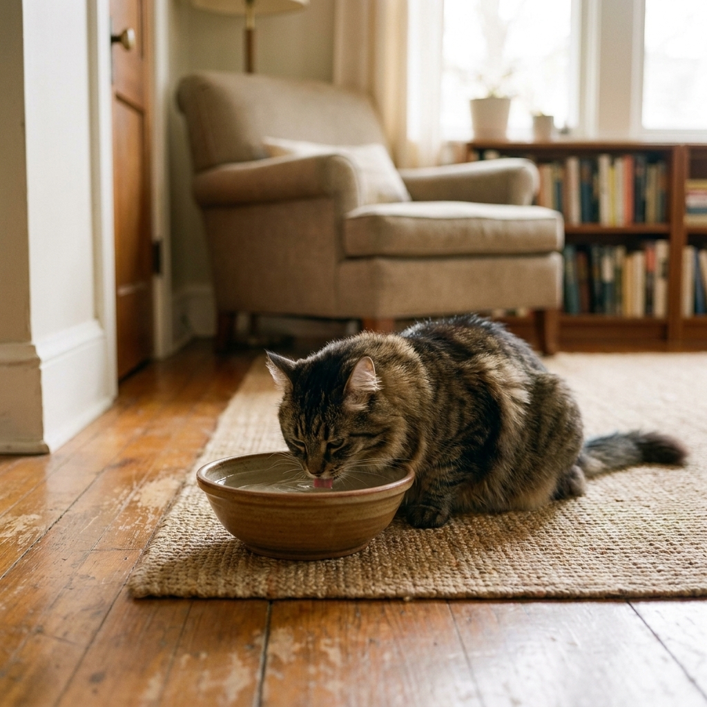 A relaxed adult cat drinking from a wide ceramic water bowl placed in a calm living room area away from foot traffic