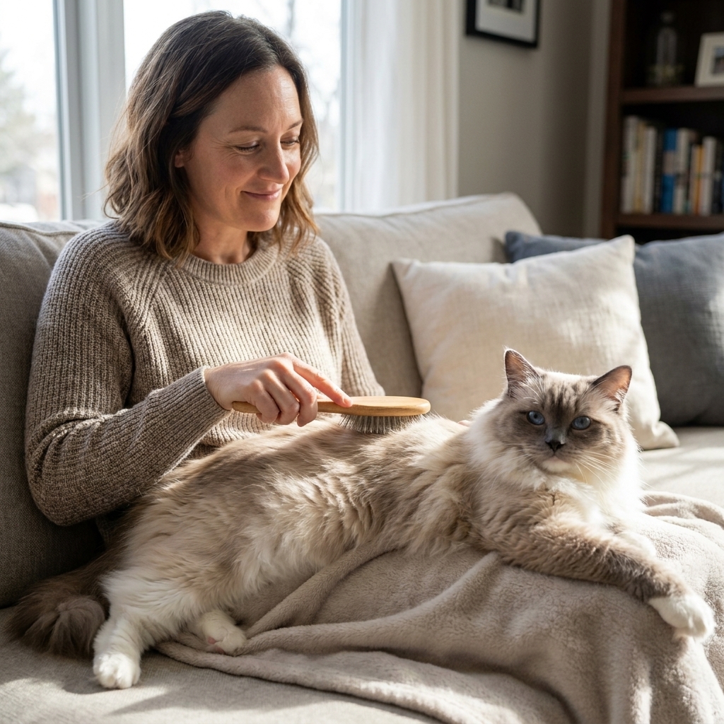 A relaxed blue-eyed Ragdoll cat lying on a sofa while a person gently brushes its long, silky coat with a grooming brush